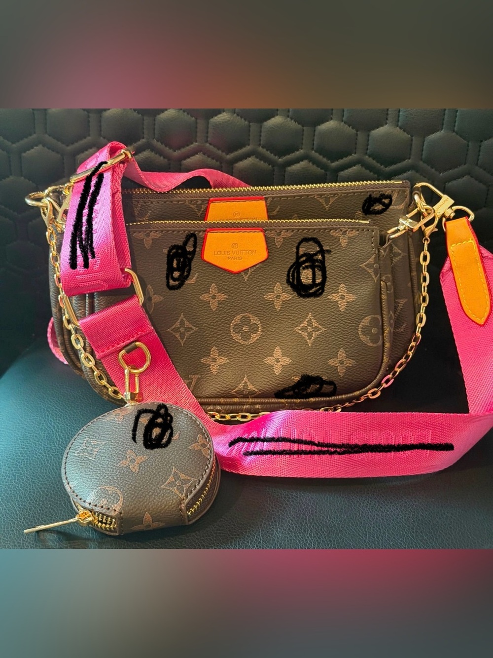 Monogram Multi-Pouch Crossbody with Pink Guitar Strap